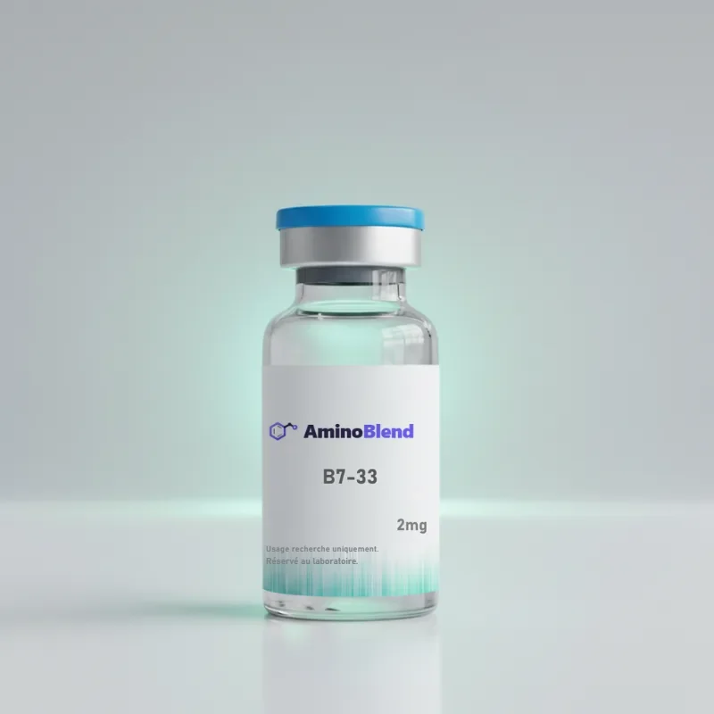 Flacon en verre de 2 mg de B7-33 en poudre lyophilisée, capsule bleue, sur fond clair