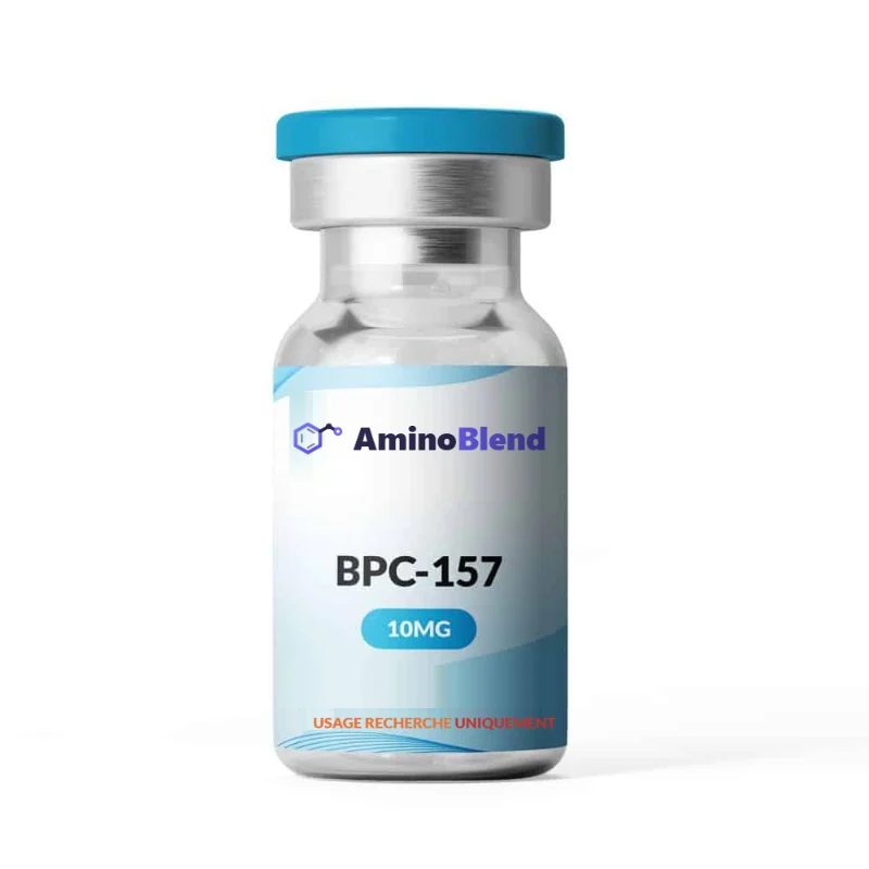 Flacon AminoBlend de 10 mg de BPC-157 en poudre lyophilisée, capsule bleue, mention usage recherche uniquement