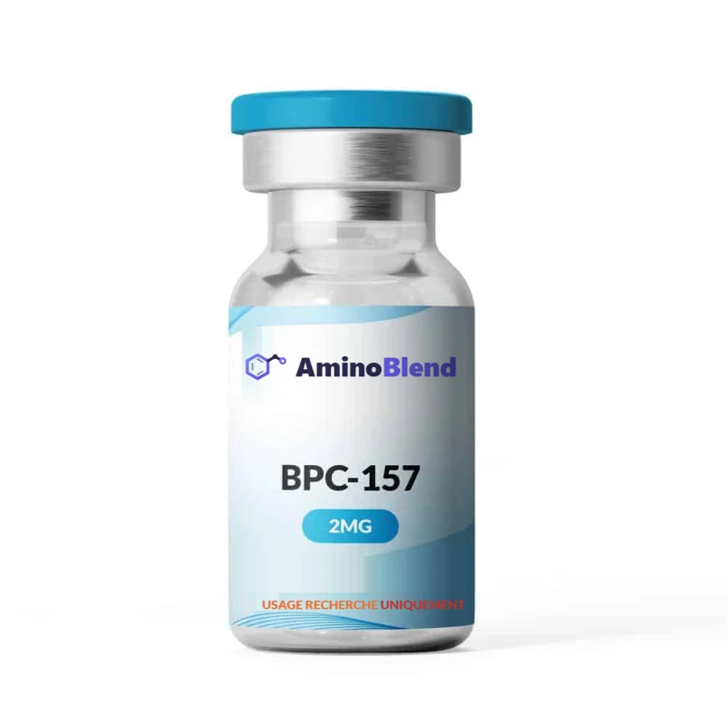 Flacon AminoBlend de 2 mg de BPC-157 en poudre lyophilisée, capsule bleue, mention usage recherche uniquement