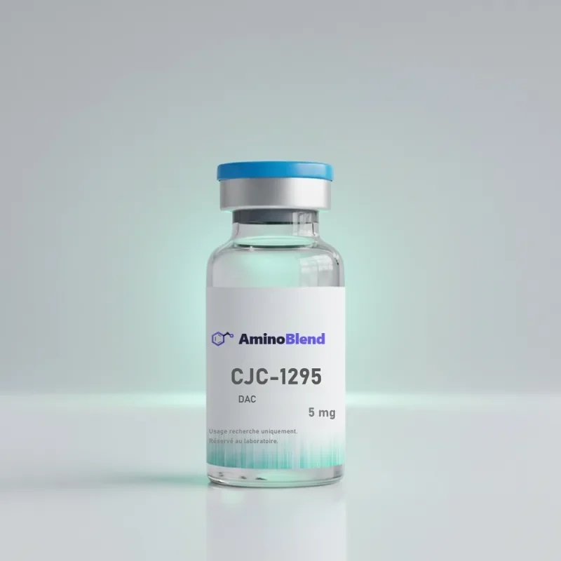 Flacon en verre de 2 mg de CJC-1295 DAC en poudre lyophilisée, capsule bleue, sur fond clair