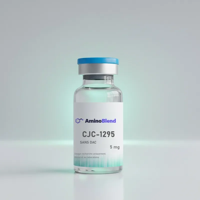 Flacon en verre de 5 mg de CJC-1295 sans DAC en poudre lyophilisée, capsule bleue, sur fond clair