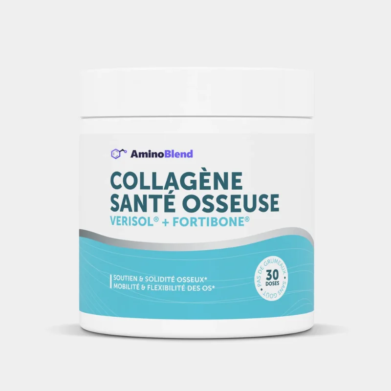 Pot AminoBlend de collagène peptide VERISOL et FORTIBONE, peptide de collagène Santé Osseuse, étiquette turquoise, 30 portions
