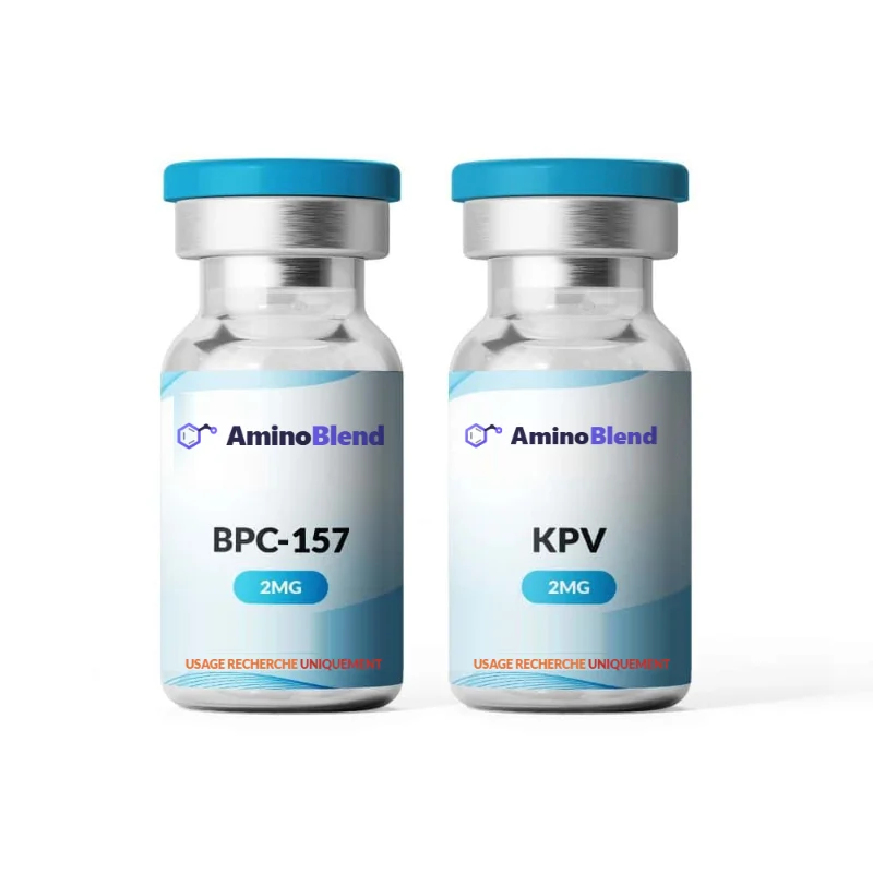 Deux flacons AminoBlend de 2 mg, BPC-157 et KPV, capsules bleues