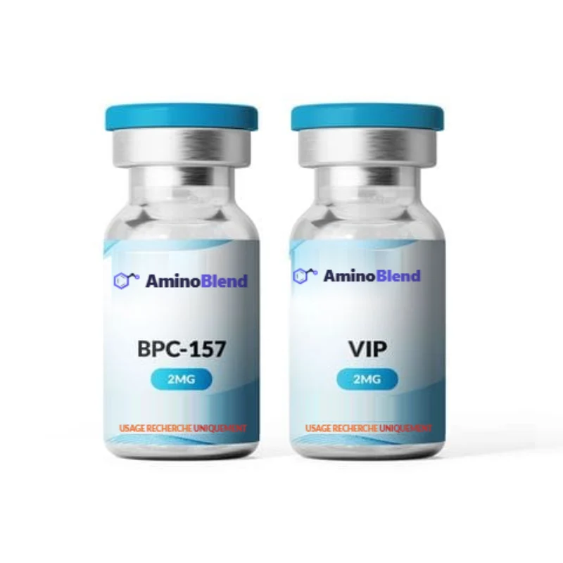 Deux flacons AminoBlend de 2 mg, BPC-157 et VIP, capsules bleues