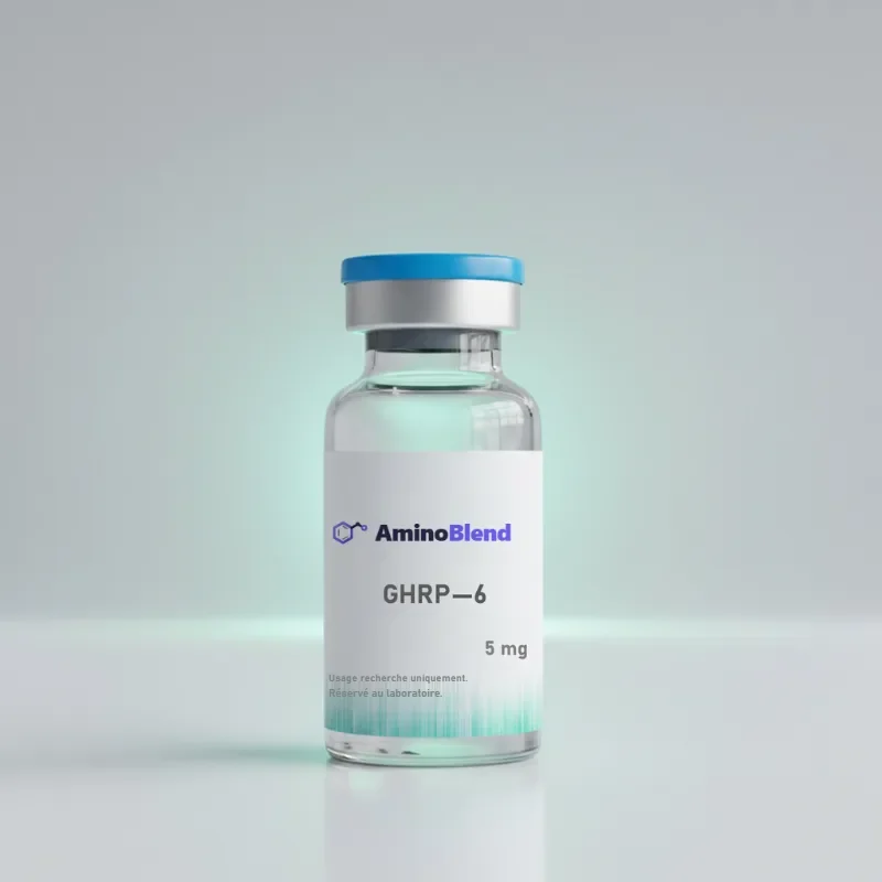 Flacon en verre de 5 mg de GHRP-6 en poudre lyophilisée, capsule bleue, sur fond clair