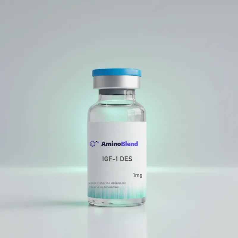 Flacon en verre de 1 mg de IGF-1 DES en poudre lyophilisée, capsule bleue, sur fond clair