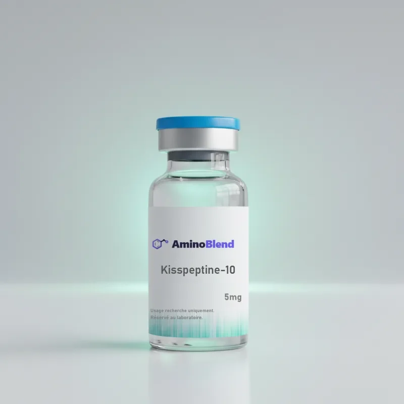 Flacon en verre de 1 mg de Kisspeptine-10 en poudre lyophilisée, capsule bleue, sur fond clair