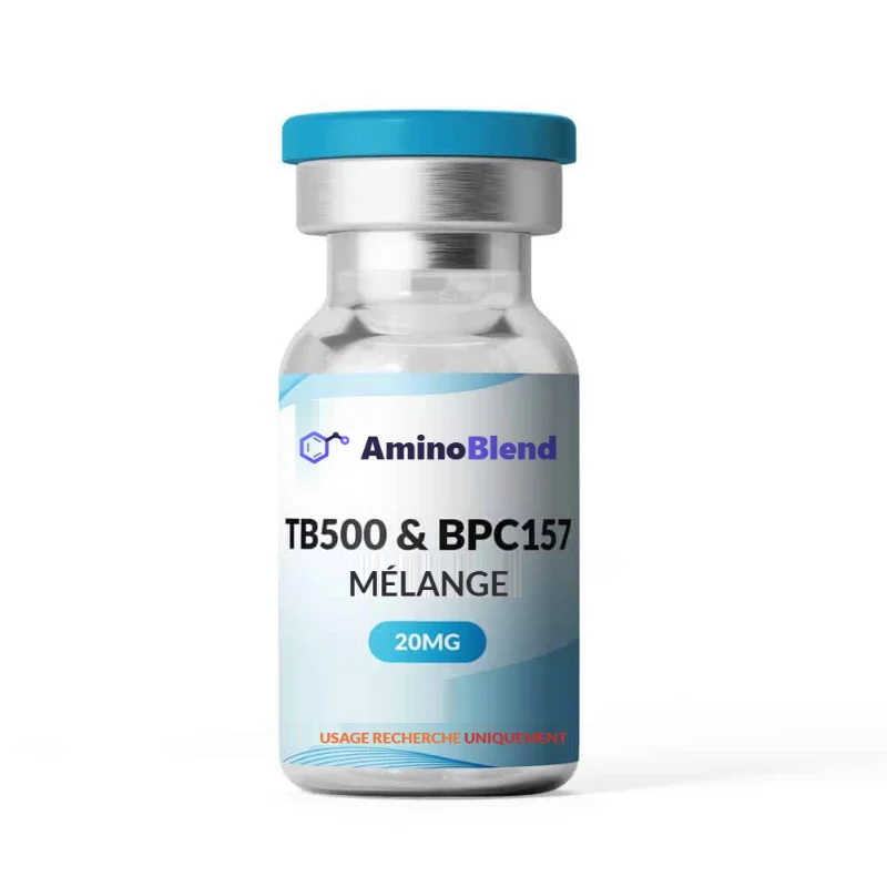 Flacon AminoBlend de mélange TB-500 et BPC-157 de 20 mg en poudre lyophilisée, capsule bleue