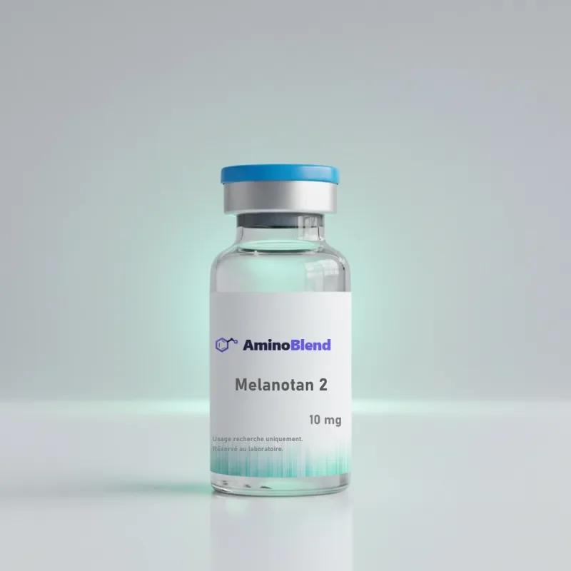 Flacon en verre de 10 mg de Melanotan 2 en poudre lyophilisée, capsule bleue, sur fond clair