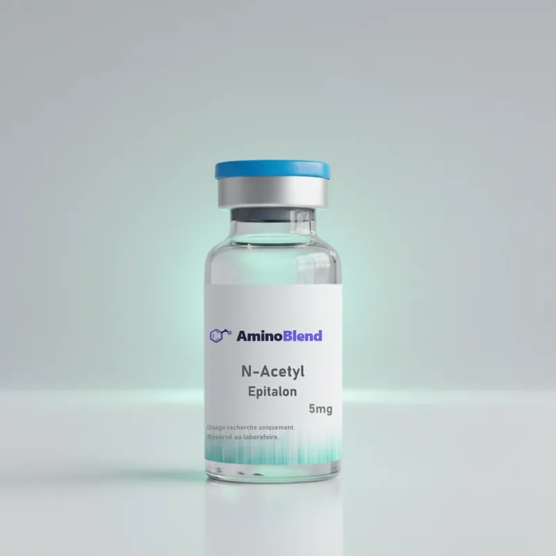Flacon en verre de 10 mg de N-Acetyl Epitalon en poudre lyophilisée, capsule bleue, sur fond clair