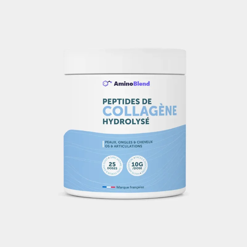 Pot AminoBlend de peptide de collagène hydrolysé (peptide de collagène) en poudre, étiquette bleue, 25 portions de 10 g