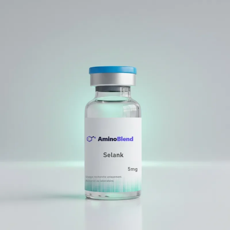 Flacon en verre de 5 mg de Selank en poudre lyophilisée, capsule bleue, sur fond clair