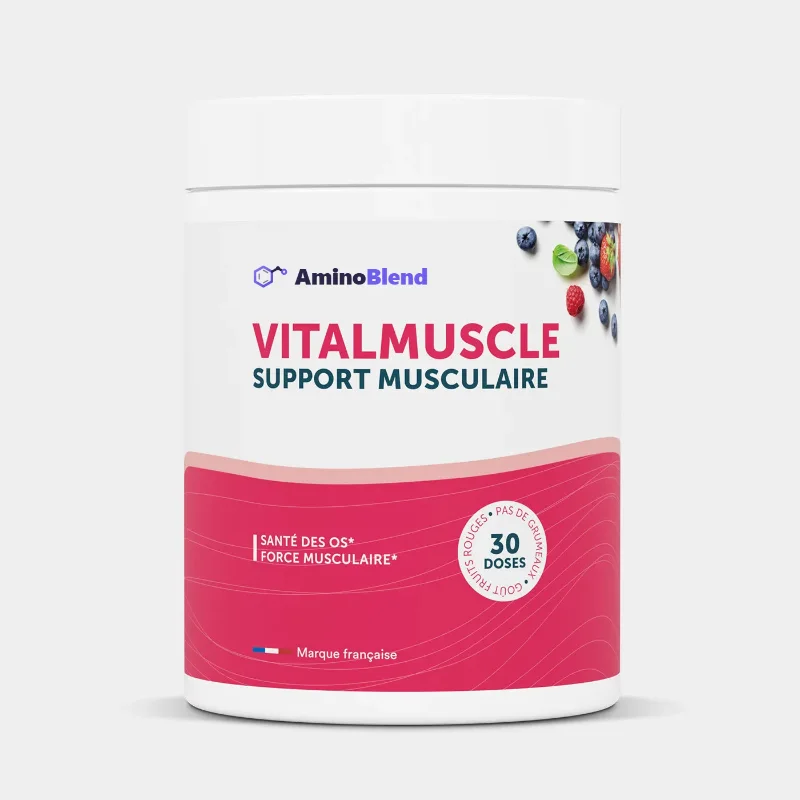 Pot AminoBlend Vital Muscle en poudre goût fruits rouges, étiquette rose, 30 portions